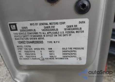 2004 Chevrolet Tahoe Ls из США, поврежденный, VIN 1GNEC13V44R286583